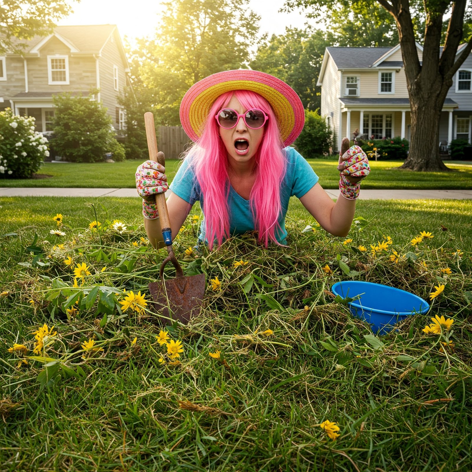 "A frustrated woman holding garden tools, looking overwhelmed by yard work."