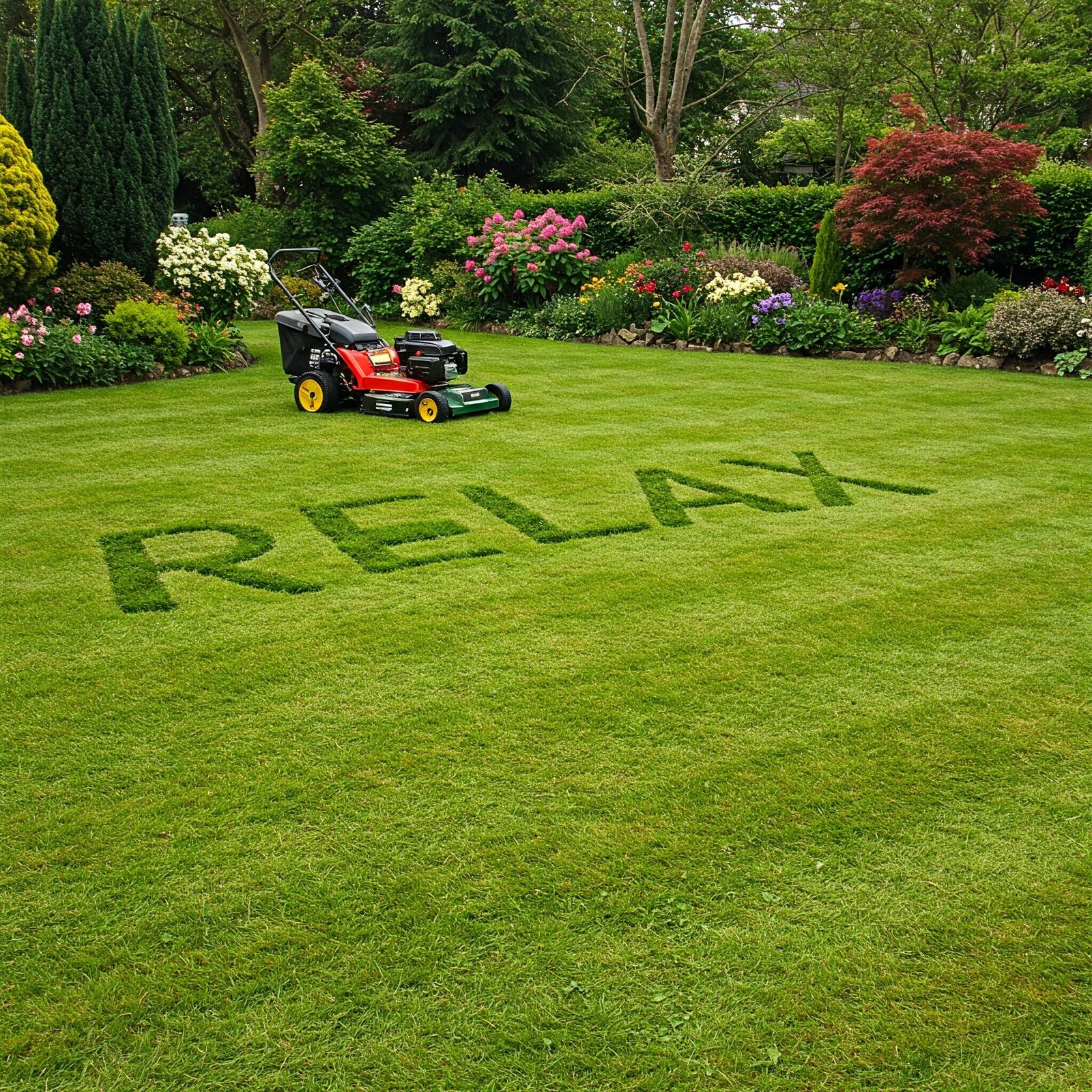 "Lawn mower on freshly cut lawn with the word 'relax' cut into the grass."