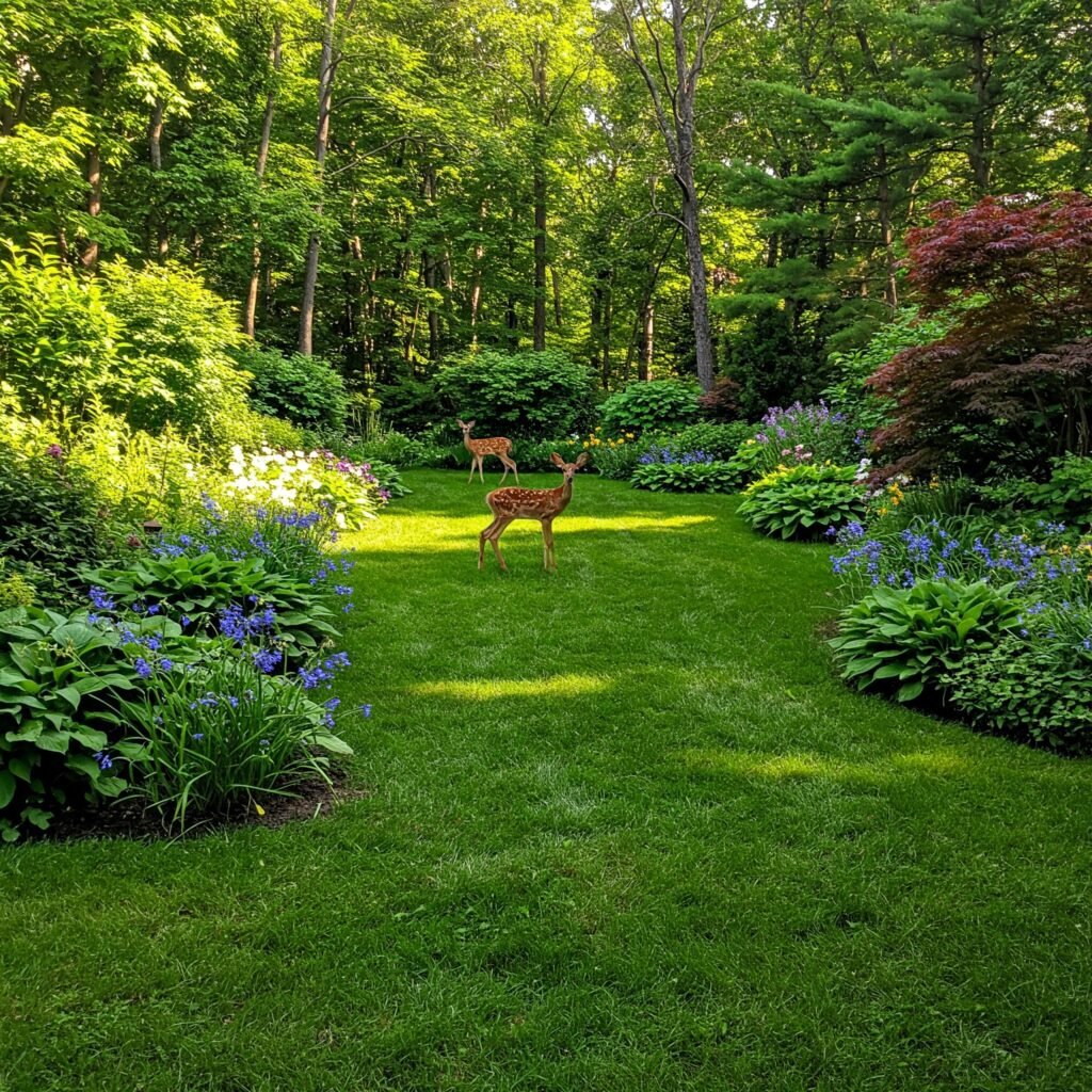 "Deer grazing in a beautifully landscaped backyard with lush greenery and flowers."
