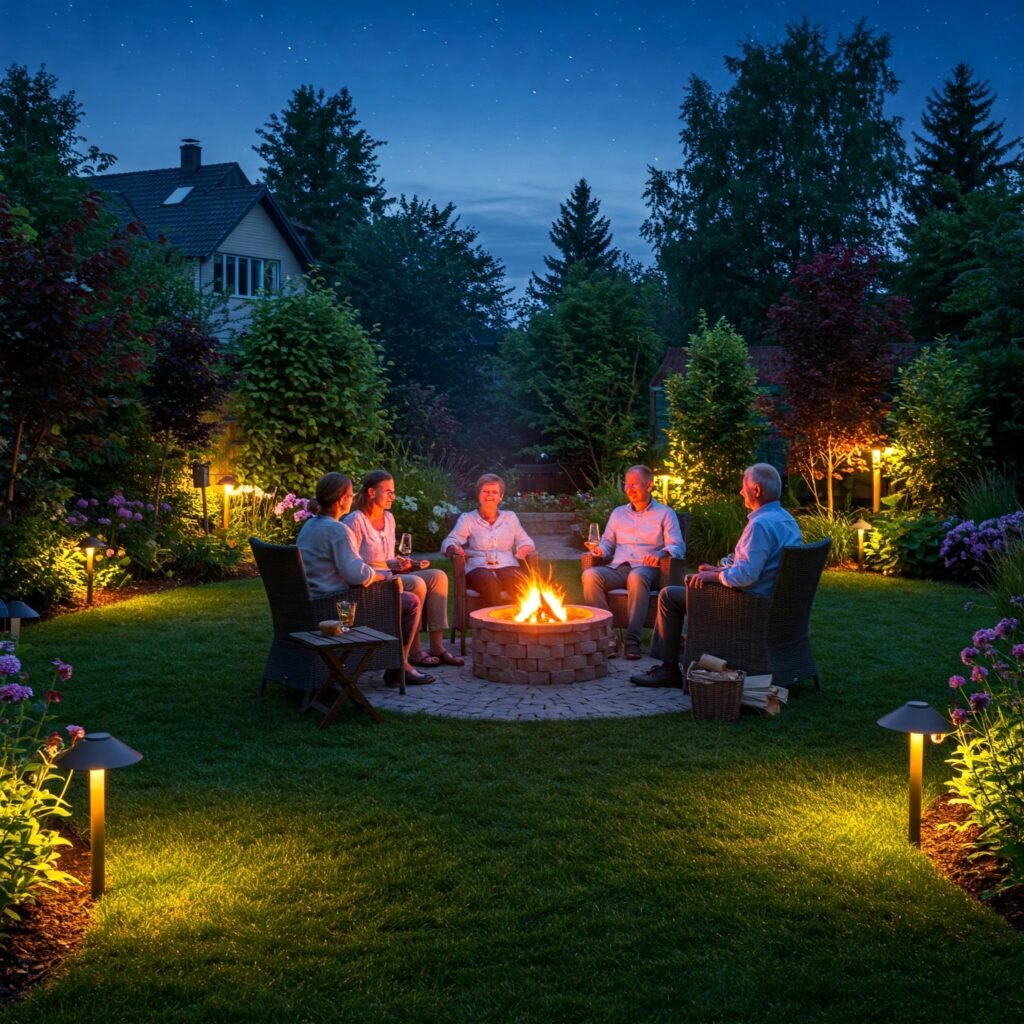 "People gathered around a fire pit in a landscaped backyard at dusk."