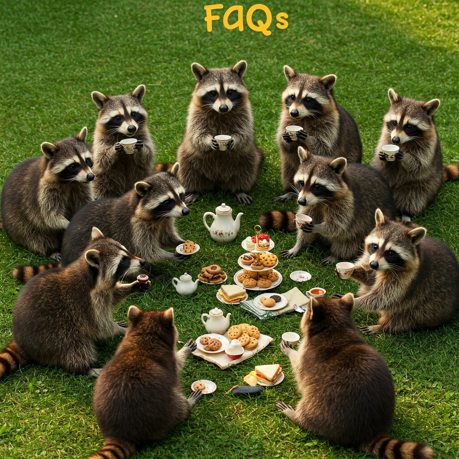 "A whimsical scene of raccoons gathered on a freshly cut lawn, enjoying a tea party and discussing landscaping plans."