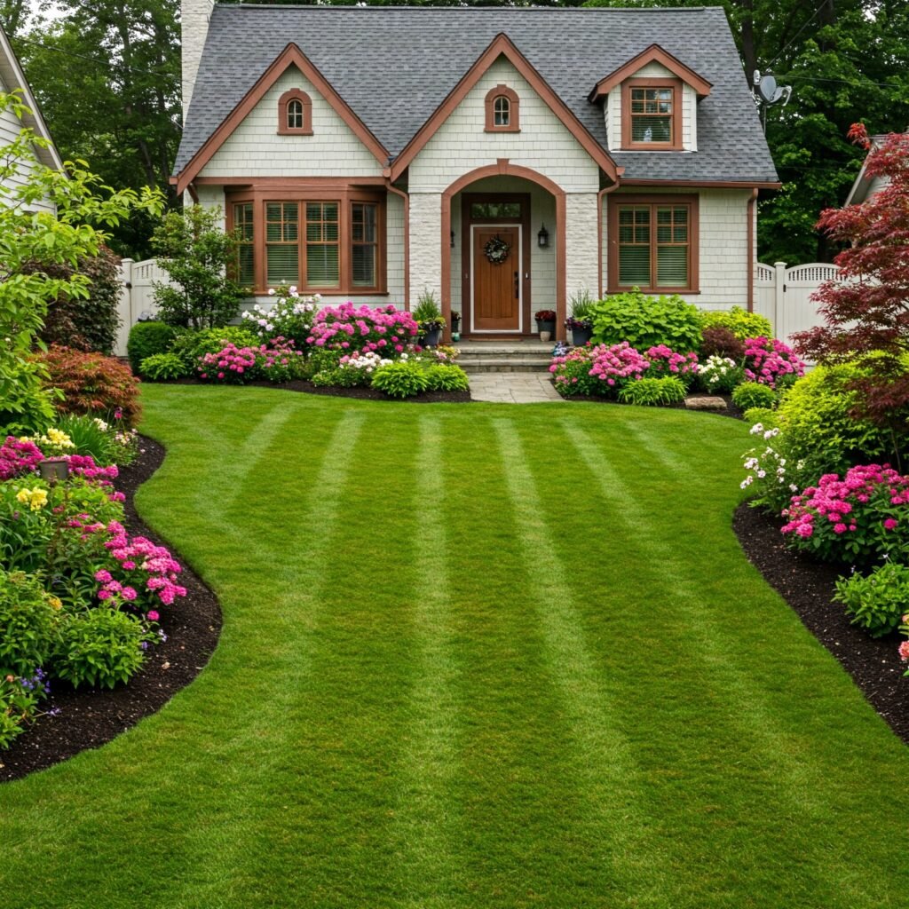 "Front view of a house with a beautifully landscaped front yard, including flowers, shrubs, and a well-maintained lawn."