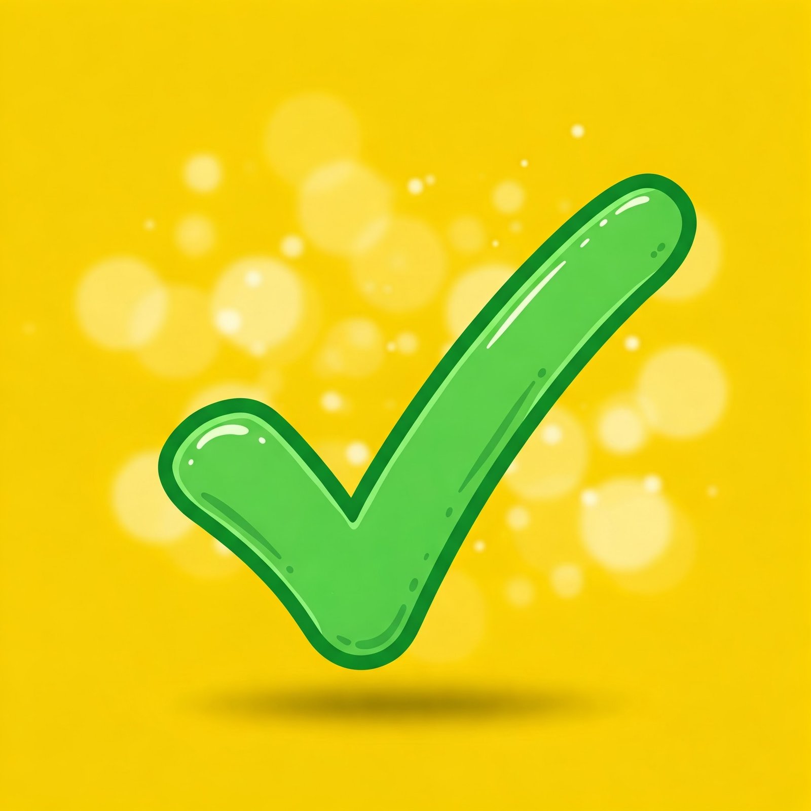 "Green check mark icon, slightly angled with a drop shadow, on a bright yellow background with blurred light spots."